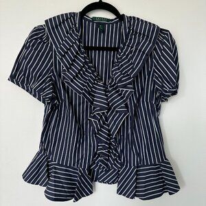 Ralph Lauren - Blue & White Stripe, Ruffle Trim, Cotton Shirt - Size M